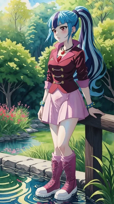 medium breasts,at a public park,watercolor \(medium\),masterpiece,HDR,intricate details,(anime painting:1.1),multicolored hair,<lora:mlp_sonatadusk-10:0.8>,mlpsonata,colored skin,blue skin,ponytail,jacket,skirt,boots,jewelry,bracelet,pond,(blush:0.7),