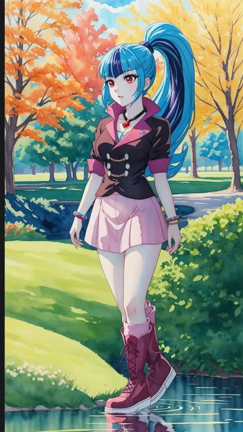 medium breasts,at a public park,water,watercolor \(medium\),masterpiece,HDR,intricate details,(anime painting:1.1),multicolored hair,<lora:mlp_sonatadusk-10:0.8>, mlpsonata,colored skin,blue skin,ponytail,jacket,skirt,boots,jewelry,bracelet,