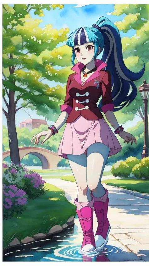 medium breasts,at a public park,water,watercolor \(medium\),masterpiece,HDR,intricate details,(anime painting:1.1),multicolored hair,<lora:mlp_sonatadusk-10:0.8>, mlpsonata,colored skin,blue skin,ponytail,jacket,skirt,boots,jewelry,bracelet,