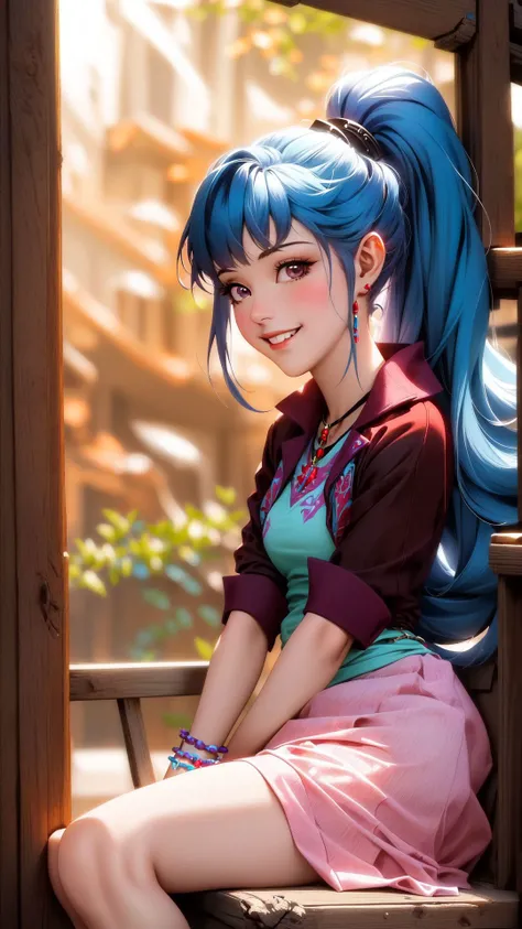(masterpiece, best quality:1.2),<lora:mlp_sonatadusk-10:1>,cowboy shot,solo,1girl,mlpsonata,colored skin,blue skin,smile,looking at viewer,sitting,ponytail,purple eyes,jacket,skirt,jewelry,bracelet,