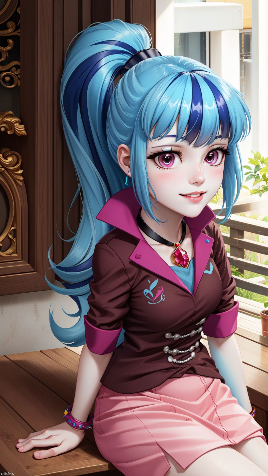 A close up of a person sitting on a bench with a blue hair - SeaArt AI