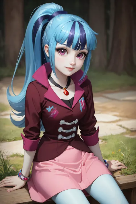 (masterpiece, best quality:1.2), <lyco:mlp_sonatadusk-10:1.0>, cowboy shot, solo, 1girl, mlpsonata, colored skin, blue skin, smile, looking at viewer, sitting, ponytail, purple eyes, jacket, skirt, jewelry, bracelet