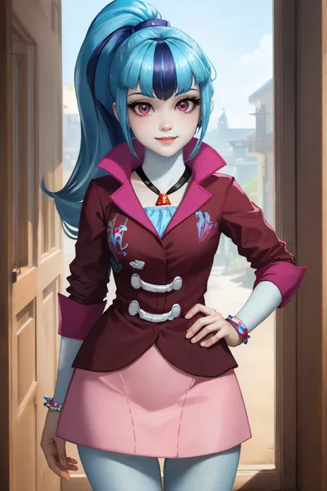 (masterpiece, best quality:1.2), <lyco:mlp_sonatadusk-10:1.0>, cowboy shot, solo, 1girl, mlpsonata, colored skin, blue skin, smile, looking at viewer, hand on hip, ponytail, purple eyes, jacket, skirt, jewelry, bracelet