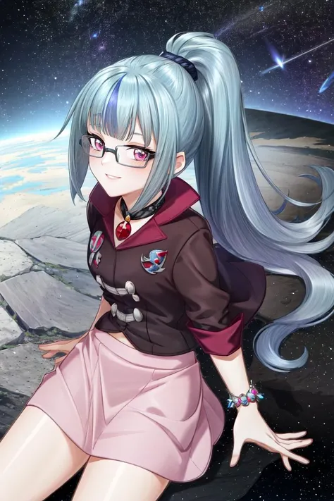 ((best quality)), ((highly detailed)), masterpiece, extremely detailed face, beautiful face, (detailed eyes, deep eyes), (1girl), (glasses), top view, looking at viewer, looking up, cowboy shot, ((bare foot)), <lora:hairdetailer:.9>, <lora:mlp_sonatadusk:1>, mlpsonata, blue hair, ponytail, pink eyes, smile, jacket, skirt, boots, jewelry, bracelet, (stars, galaxies, space, asteroids, space ship, evening, night sky, stars, half moon), <lora:YanWan:1>