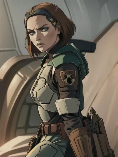 1girl,solo, short brown hair, hairband, bokatan, green eyes, mandalorian armor, cowboy shot, serious face, looking at viewer, photorealistic, realistic <lora:bokatan:0.8>