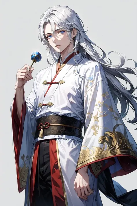 masterpiece, best quality, seamless blend, exquisitely detailed, 1boy, white hair, long hair, straight hair, blue eyes, danfeng eyes, wearing chinese white ancient wuxia clothes, floating sleeves, silver embroided silk, <lora:danfeng:0.6>, <lora:add_detail:0.6>,