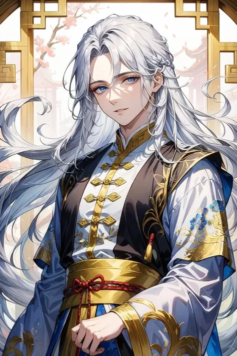 masterpiece, best quality, seamless blend, exquisitely detailed, 1boy, white hair, long hair, straight hair, blue eyes, danfeng eyes, wearing chinese white ancient xianxia clothes, floating wide sleeves, silver embroided silk, looking at the viewer, smile, closed mouth, intense gaze, <lora:danfeng:0.7>, <lora:add_detail:0.6>,