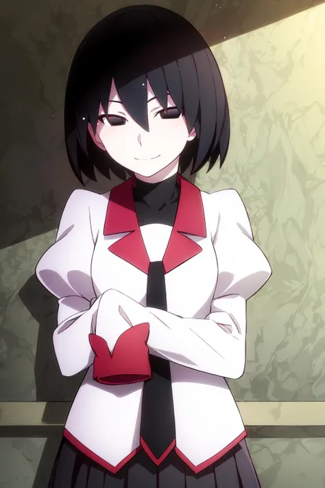 (extremely detailed CG unity 8k wallpaper),(masterpiece),(best quality),(ultra-detailed),(best illustration),(best shadow),(absurdres), <lora:Ougi:0.7>, Ougi, naoetsu high school uniform, 1girl, pink shirt, school uniform, shirt, black hair, sleeves past fingers, short hair, sleeves past wrists, solo, black eyes, skirt, turtleneck, necktie, bob cut, black undershirt, puffy sleeves, pleated skirt, long sleeves, black necktie, smile, black skirt, empty eyes, pale skin, bangs, juliet sleeves, light smile, looking at viewer, upper body, hair strand, closed mouth, hair between eyes,