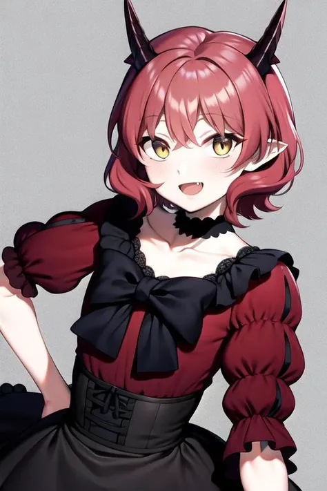 masterpiece, best quality, extreme detail, solo, hanako, "hanako", 1girl, :d, bangs, black_bow, bloomers, bow, brooch, choker, dress, fang, horns, jewelry, looking_at_viewer, open_mouth, pointy_ears, puffy_short_sleeves, puffy_sleeves, red_dress, red_hair, short_hair, short_sleeves, simple_background, smile, solo, white_background, yellow_eyes <lora:hanako:1>