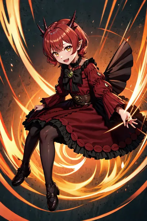 masterpiece, best quality, extreme detail, solo, hanako, "hanako", 1girl, :d, bangs, black_bow, bloomers, bow, brooch, choker, dress, fang, horns, jewelry, looking_at_viewer, pointy_ears, puffy_short_sleeves, puffy_sleeves, red_dress, red_hair, short_hair, short_sleeves, smile, solo, yellow_eyes, <lora:hanako:1>, <lora:torino_aqua_offset:0.6>