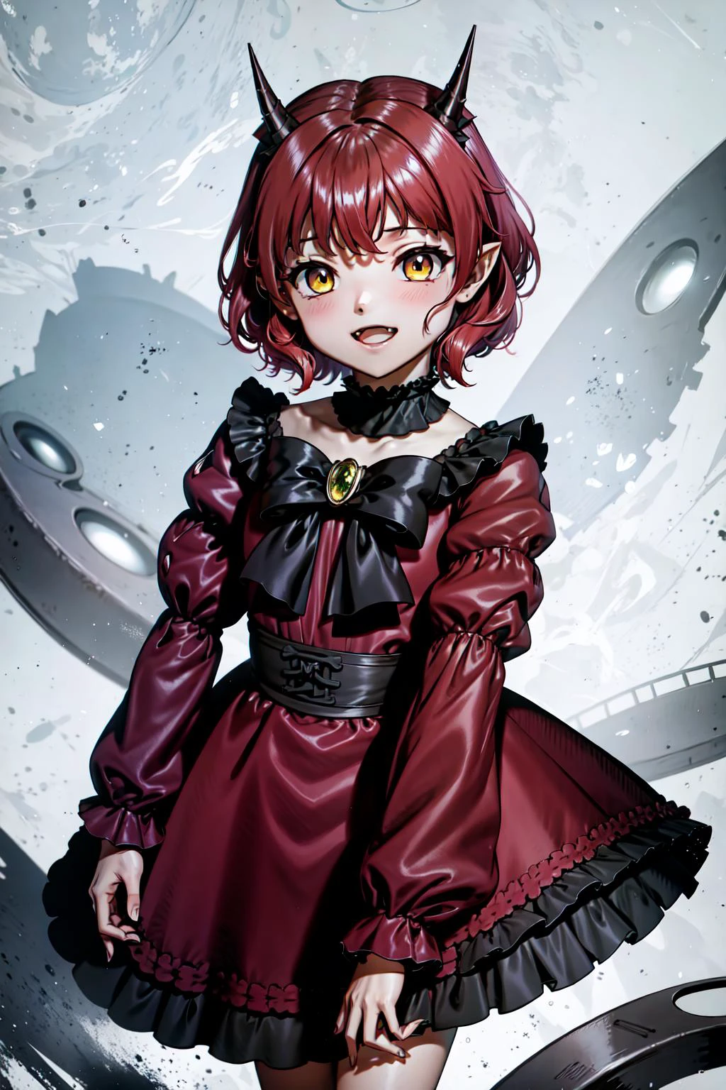masterpiece, best quality, extreme detail, solo, hanako, "hanako", 1girl, :d, bangs, black_bow, bloomers, bow, brooch, choker, dress, fang, horns, jewelry, looking_at_viewer, pointy_ears, puffy_short_sleeves, puffy_sleeves, red_dress, red_hair, short_hair, short_sleeves, smile, solo, yellow_eyes, <lora:hanako:1>, <lora:as109:0.6>