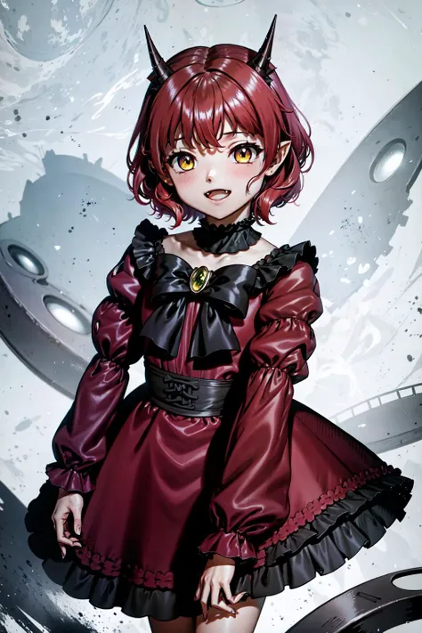 masterpiece, best quality, extreme detail, solo, hanako, "hanako", 1girl, :d, bangs, black_bow, bloomers, bow, brooch, choker, dress, fang, horns, jewelry, looking_at_viewer, pointy_ears, puffy_short_sleeves, puffy_sleeves, red_dress, red_hair, short_hair, short_sleeves, smile, solo, yellow_eyes,  <lora:hanako:1>, <lora:as109:0.6>