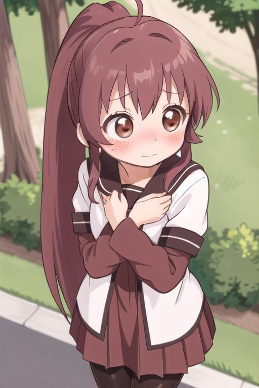 Anime girl with long hair and brown eyes standing in front of a tree ...