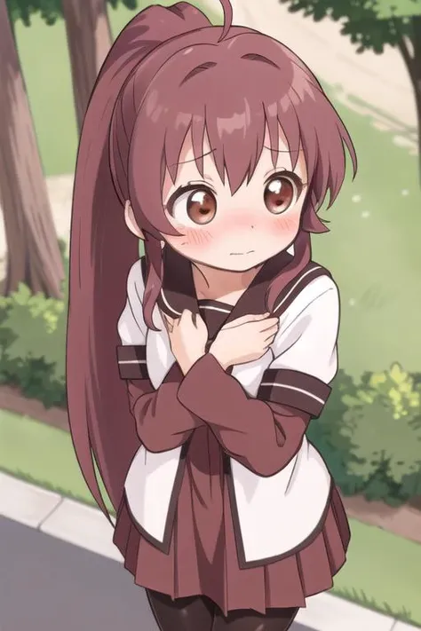 ultra-detailed,masterpiece,best quality,1girl,petite,outdoor,from above,blush,shy,shy pose,sugiura ayano,brown eyes,long hair,ahoge,ponytail,bangs,nanamori school uniform,sailor collar,red dress,shirt,long shirt,short over long sleeves,black pantyhose, <lora:sugiura_ayano:0.7>