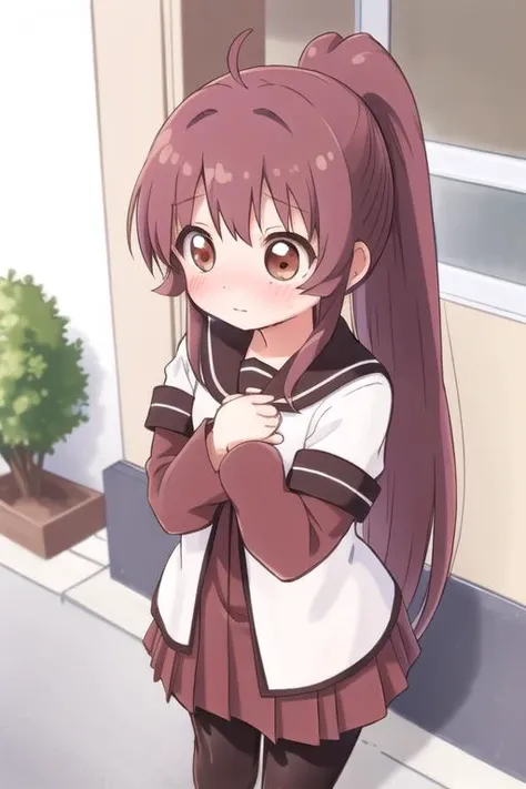 ultra-detailed,masterpiece,best quality,1girl,petite,outdoor,from above,blush,shy,shy pose,sugiura ayano,brown eyes,long hair,ahoge,ponytail,bangs,nanamori school uniform,sailor collar,red dress,shirt,long shirt,short over long sleeves,black pantyhose, <lora:sugiura_ayano:0.7>