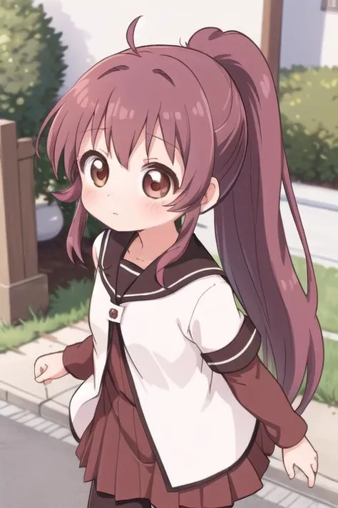 ultra-detailed,masterpiece,best quality,1girl,petite,outdoor,from above,thrust hand forward ,blush,shy,sugiura ayano,brown eyes,long hair,ahoge,ponytail,bangs,nanamori school uniform,sailor collar,red dress,shirt,long shirt,short over long sleeves,black pantyhose, <lora:sugiura_ayano:0.7>