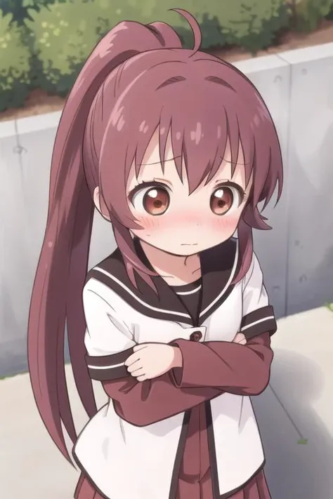 ultra-detailed,masterpiece,best quality,1girl,petite,outdoor,from above,blush,shy,shy pose,sugiura ayano,brown eyes,long hair,ahoge,ponytail,bangs,nanamori school uniform,sailor collar,red dress,shirt,long shirt,short over long sleeves,black pantyhose, <lora:sugiura_ayano:0.7>