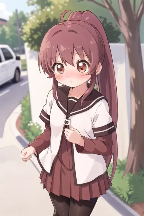 ultra-detailed,masterpiece,best quality,1girl,petite,outdoor,from above,thrust hand forward ,blush,shy,sugiura ayano,brown eyes,long hair,ahoge,ponytail,bangs,nanamori school uniform,sailor collar,red dress,shirt,long shirt,short over long sleeves,black pantyhose, <lora:sugiura_ayano:0.7>