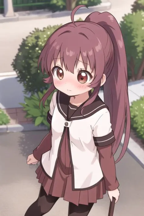 ultra-detailed,masterpiece,best quality,1girl,petite,outdoor,from above,thrust hand forward ,blush,shy,sugiura ayano,brown eyes,long hair,ahoge,ponytail,bangs,nanamori school uniform,sailor collar,red dress,shirt,long shirt,short over long sleeves,black pantyhose, <lora:sugiura_ayano:0.7>