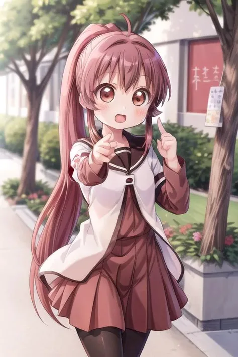 ultra-detailed,masterpiece,best quality,1girl,petite,outdoor,finger at viewer ,open mouth,sugiura ayano,brown eyes,long hair,ahoge,ponytail,bangs,nanamori school uniform,sailor collar,red dress,shirt,long shirt,short over long sleeves,black pantyhose, <lora:sugiura_ayano:0.7> <lora:add_detail:1>