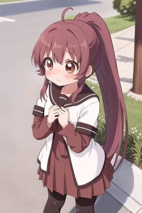 ultra-detailed,masterpiece,best quality,1girl,petite,outdoor,from above,blush,shy,shy pose,sugiura ayano,brown eyes,long hair,ahoge,ponytail,bangs,nanamori school uniform,sailor collar,red dress,shirt,long shirt,short over long sleeves,black pantyhose, <lora:sugiura_ayano:0.7>