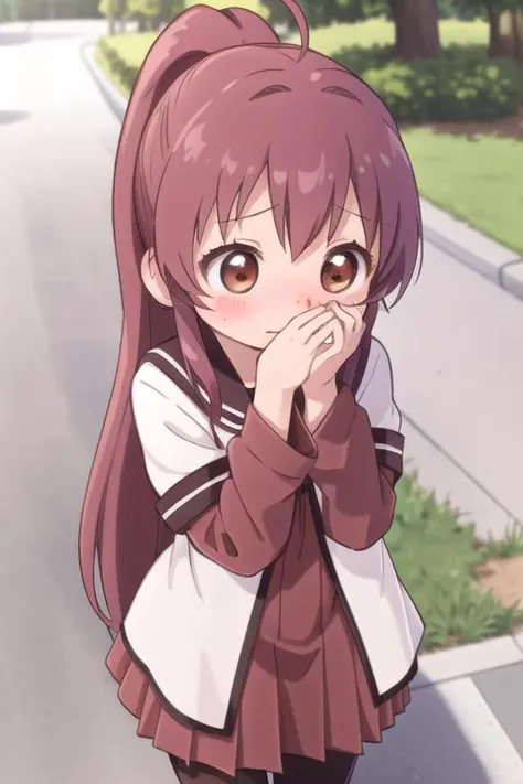 ultra-detailed,masterpiece,best quality,1girl,petite,outdoor,from above, covering face by hand,blush,shy,sugiura ayano,brown eyes,long hair,ahoge,ponytail,bangs,nanamori school uniform,sailor collar,red dress,shirt,long shirt,short over long sleeves,black pantyhose, <lora:sugiura_ayano:0.7>