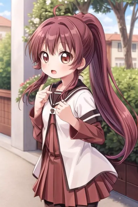ultra-detailed,masterpiece,best quality,1girl,petite,outdoor,finger at viewer ,open mouth,sugiura ayano,brown eyes,long hair,ahoge,ponytail,bangs,nanamori school uniform,sailor collar,red dress,shirt,long shirt,short over long sleeves,black pantyhose, <lora:sugiura_ayano:0.7> <lora:add_detail:1>