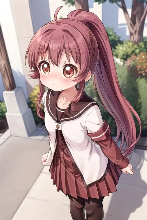 ultra-detailed,masterpiece,best quality,1girl,petite,outdoor,from above,thrust hand forward ,blush,shy,sugiura ayano,brown eyes,long hair,ahoge,ponytail,bangs,nanamori school uniform,sailor collar,red dress,shirt,long shirt,short over long sleeves,black pantyhose, <lora:sugiura_ayano:0.7> <lora:add_detail:1>