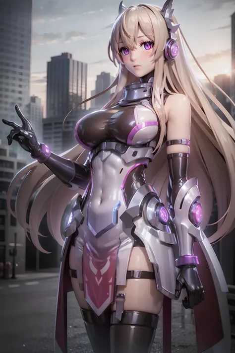 <lora:lauriel_apw:0.8>, lauriel_apw, 1girl, solo, long hair, breasts, looking at viewer, blonde hair, simple background, thighhighs, gloves, bare shoulders, breasts, large breasts, standing, purple eyes, elbow gloves, armor, bodysuit, headgear, headphones, gauntlets, boots, high heels, armored boots, pink eyes, neon trim, hair between eyes, closed mouth, dress, thighhighs, black thighhighs, see-through, bangs, platform footwear, breastplate, realistic, eyelashes, pelvic curtain, outdoors, sky, fire, ground vehicle, building, scenery, motor vehicle, smoke, city, car, cityscape, tower, (good hand:1.4)