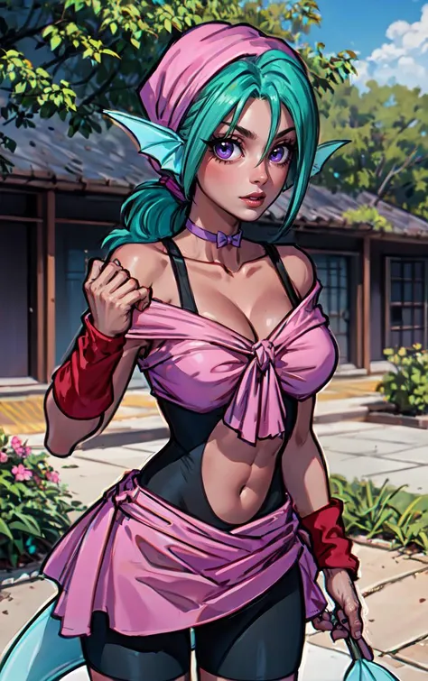 ((masterpiece, best quality)), insaneres, absurdres, solo, looking at viewer,
MainOutfit_Juri_ownwaifu,
1girl, fish girl, green hair, green lips, head fins, ribbon choker, dark skin, dark-skinned female, bandana, long hair, makeup, purple eyes, lipstick, ponytail, collarbone, eyeshadow, hair between eyes, purple choker, medium breasts, bangs, fish tail, aqua hair, eyelashes,
bodysuit, navel cutout, arm warmers, clothing cutout, midriff, bare shoulders, choker, bike shorts, monster girl, leg warmers, navel, off shoulder, cleavage, loose socks, black dress, purple bow, black bodysuit, crop top, wristband, center opening, pink shirt, sash, pink skirt, skin tight,
(portrait, close-up)<lora:ANIME_YuYuHakusho_Juri_ownwaifu:0.8>,
depth of field, vanishing point, garden,