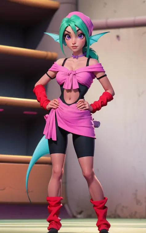((masterpiece, best quality)), insaneres, absurdres, solo, looking at viewer,
MainOutfit_Juri_ownwaifu,
1girl, fish girl, green hair, green lips, head fins, ribbon choker, dark skin, dark-skinned female, bandana, long hair, makeup, purple eyes, lipstick, ponytail, collarbone, eyeshadow, hair between eyes, purple choker, medium breasts, bangs, fish tail, aqua hair, eyelashes,
bodysuit, navel cutout, arm warmers, clothing cutout, midriff, bare shoulders, choker, bike shorts, monster girl, leg warmers, navel, off shoulder, cleavage, loose socks, black dress, purple bow, black bodysuit, crop top, wristband, center opening, pink shirt, sash, pink skirt, skin tight,
(contrapposto, hand on hip)<lora:ANIME_YuYuHakusho_Juri_ownwaifu:1>,
depth of field, vanishing point, garden,
