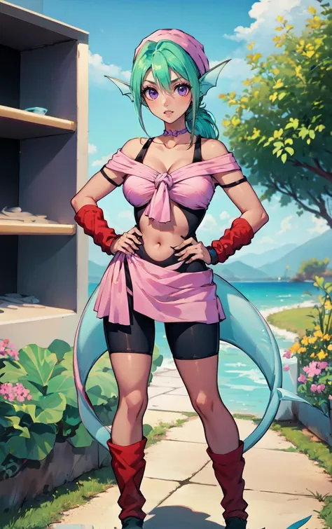 ((masterpiece, best quality)), insaneres, absurdres, solo, looking at viewer,
MainOutfit_Juri_ownwaifu,
1girl, fish girl, green hair, green lips, head fins, ribbon choker, dark skin, dark-skinned female, bandana, long hair, makeup, purple eyes, lipstick, ponytail, collarbone, eyeshadow, hair between eyes, purple choker, medium breasts, bangs, fish tail, aqua hair, eyelashes,
bodysuit, navel cutout, arm warmers, clothing cutout, midriff, bare shoulders, choker, bike shorts, monster girl, leg warmers, navel, off shoulder, cleavage, loose socks, black dress, purple bow, black bodysuit, crop top, wristband, center opening, pink shirt, sash, pink skirt, skin tight,
(contrapposto, hand on hip)<lora:ANIME_YuYuHakusho_Juri_ownwaifu:1>,
depth of field, vanishing point, garden,