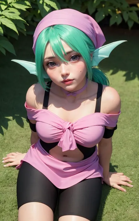 ((masterpiece, best quality)), insaneres, absurdres, solo, looking at viewer,
MainOutfit_Juri_ownwaifu,
1girl, fish girl, green hair, green lips, head fins, ribbon choker, dark skin, dark-skinned female, bandana, long hair, makeup, purple eyes, lipstick, ponytail, collarbone, eyeshadow, hair between eyes, purple choker, medium breasts, bangs, fish tail, aqua hair, eyelashes,
bodysuit, navel cutout, arm warmers, clothing cutout, midriff, bare shoulders, choker, bike shorts, monster girl, leg warmers, navel, off shoulder, cleavage, loose socks, black dress, purple bow, black bodysuit, crop top, wristband, center opening, pink shirt, sash, pink skirt, skin tight,
(from above, sitting)<lora:ANIME_YuYuHakusho_Juri_ownwaifu:0.9>,
depth of field, vanishing point, garden,