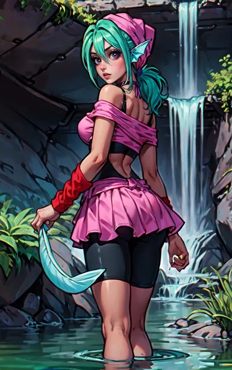 ((masterpiece, best quality)), insaneres, absurdres, solo, looking at viewer, 
MainOutfit_Juri_ownwaifu,  
1girl, fish girl, green hair, green lips, head fins, ribbon choker, dark skin, dark-skinned female, bandana, long hair, makeup, purple eyes, lipstick, ponytail, collarbone, eyeshadow, hair between eyes, purple choker, medium breasts, bangs,  fish tail, aqua hair, eyelashes,
bodysuit, navel cutout, arm warmers, clothing cutout, midriff, bare shoulders, choker, bike shorts, monster girl, leg warmers, navel, off shoulder, cleavage, loose socks, black dress, purple bow, black bodysuit, crop top, wristband, center opening, pink shirt, sash, pink skirt, skin tight, 
(wading, looking back), waterfall, <lora:ANIME_YuYuHakusho_Juri_ownwaifu:0.75>,
 depth of field, vanishing point, garden,