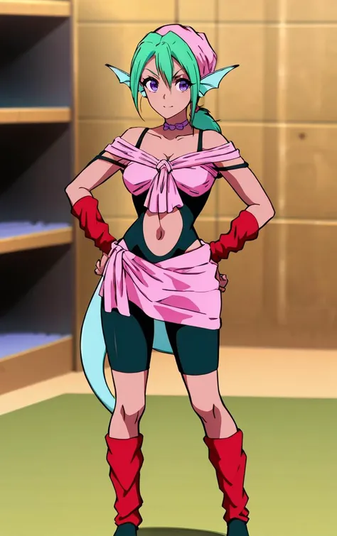 ((masterpiece, best quality)), insaneres, absurdres, solo, looking at viewer, 
MainOutfit_Juri_ownwaifu,  
1girl, fish girl, green hair, green lips, head fins, ribbon choker, dark skin, dark-skinned female, bandana, long hair, makeup, purple eyes, lipstick, ponytail, collarbone, eyeshadow, hair between eyes, purple choker, medium breasts, bangs,  fish tail, aqua hair, eyelashes,
bodysuit, navel cutout, arm warmers, clothing cutout, midriff, bare shoulders, choker, bike shorts, monster girl, leg warmers, navel, off shoulder, cleavage, loose socks, black dress, purple bow, black bodysuit, crop top, wristband, center opening, pink shirt, sash, pink skirt, skin tight, 
(contrapposto, hand on hip)<lora:ANIME_YuYuHakusho_Juri_ownwaifu:1>,
 depth of field, vanishing point, garden,