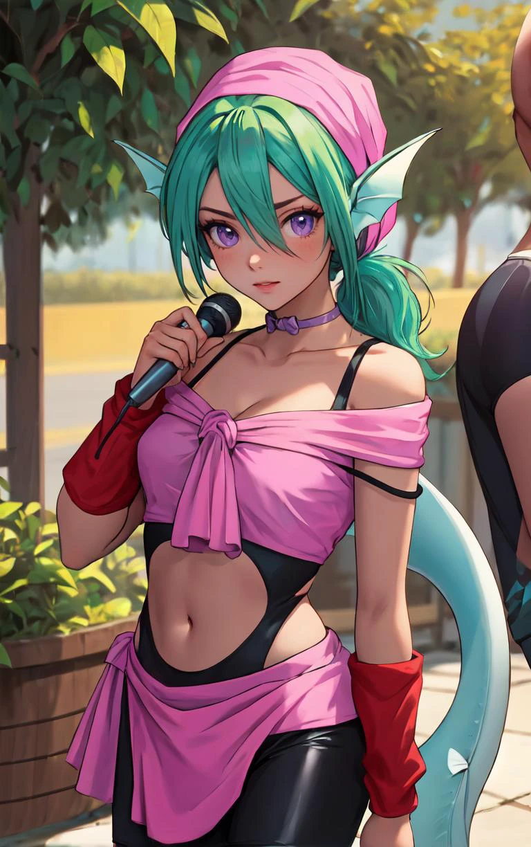 ((masterpiece, best quality)), insaneres, absurdres, solo, looking at viewer,
MainOutfit_Juri_ownwaifu,
1girl, fish girl, green hair, green lips, head fins, ribbon choker, dark skin, dark-skinned female, bandana, long hair, makeup, purple eyes, lipstick, ponytail, collarbone, eyeshadow, hair between eyes, purple choker, medium breasts, bangs, fish tail, aqua hair, eyelashes,
bodysuit, navel cutout, arm warmers, clothing cutout, midriff, bare shoulders, choker, bike shorts, monster girl, leg warmers, navel, off shoulder, cleavage, loose socks, black dress, purple bow, black bodysuit, crop top, wristband, center opening, pink shirt, sash, pink skirt, skin tight,
(portrait, close-up)<lora:ANIME_YuYuHakusho_Juri_ownwaifu:0.8>,
depth of field, vanishing point, garden,