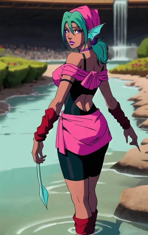 ((masterpiece, best quality)), insaneres, absurdres, solo, looking at viewer,
MainOutfit_Juri_ownwaifu,
1girl, fish girl, green hair, green lips, head fins, ribbon choker, dark skin, dark-skinned female, bandana, long hair, makeup, purple eyes, lipstick, ponytail, collarbone, eyeshadow, hair between eyes, purple choker, medium breasts, bangs, fish tail, aqua hair, eyelashes,
bodysuit, navel cutout, arm warmers, clothing cutout, midriff, bare shoulders, choker, bike shorts, monster girl, leg warmers, navel, off shoulder, cleavage, loose socks, black dress, purple bow, black bodysuit, crop top, wristband, center opening, pink shirt, sash, pink skirt, skin tight,
(wading, looking back), waterfall, <lora:ANIME_YuYuHakusho_Juri_ownwaifu:0.75>,
depth of field, vanishing point, garden,