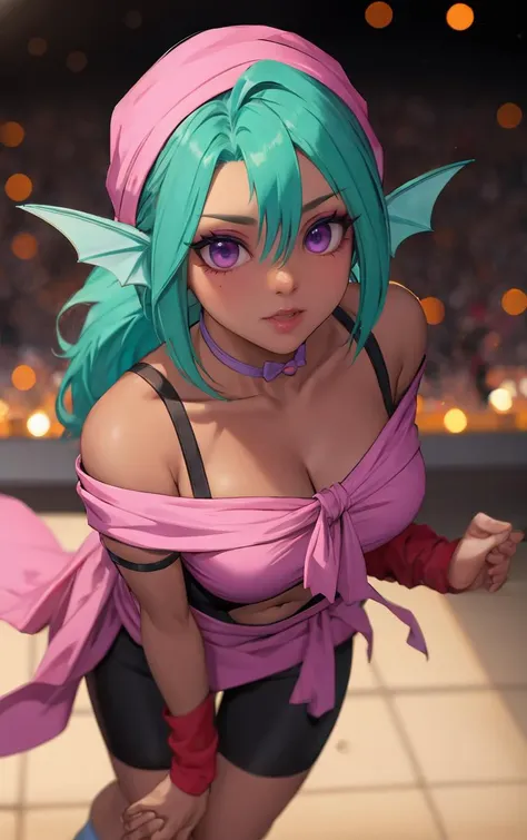 ((masterpiece, best quality)), insaneres, absurdres, solo, looking at viewer, 
MainOutfit_Juri_ownwaifu, 
1girl, fish girl, green hair, green lips, head fins, ribbon choker, dark skin, dark-skinned female, bandana, long hair, makeup, purple eyes, lipstick, ponytail, collarbone, eyeshadow, hair between eyes, purple choker, medium breasts, bangs,  fish tail, aqua hair, eyelashes,
bodysuit, navel cutout, arm warmers, clothing cutout, midriff, bare shoulders, choker, bike shorts, monster girl, leg warmers, navel, off shoulder, cleavage, loose socks, black dress, purple bow, black bodysuit, crop top, wristband, center opening, pink shirt, sash, pink skirt, skin tight, 
(portrait, close-up)<lora:ANIME_YuYuHakusho_Juri_ownwaifu:0.8>,
lens flare, depth of field, bokeh, embers, vanishing point,