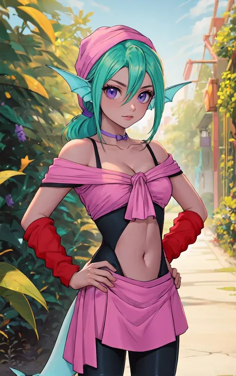 ((masterpiece, best quality)), insaneres, absurdres, solo, looking at viewer,
MainOutfit_Juri_ownwaifu,
1girl, fish girl, green hair, green lips, head fins, ribbon choker, dark skin, dark-skinned female, bandana, long hair, makeup, purple eyes, lipstick, ponytail, collarbone, eyeshadow, hair between eyes, purple choker, medium breasts, bangs, fish tail, aqua hair, eyelashes,
bodysuit, navel cutout, arm warmers, clothing cutout, midriff, bare shoulders, choker, bike shorts, monster girl, leg warmers, navel, off shoulder, cleavage, loose socks, black dress, purple bow, black bodysuit, crop top, wristband, center opening, pink shirt, sash, pink skirt, skin tight,
(contrapposto, hand on hip)<lora:ANIME_YuYuHakusho_Juri_ownwaifu:1>,
depth of field, vanishing point, garden,