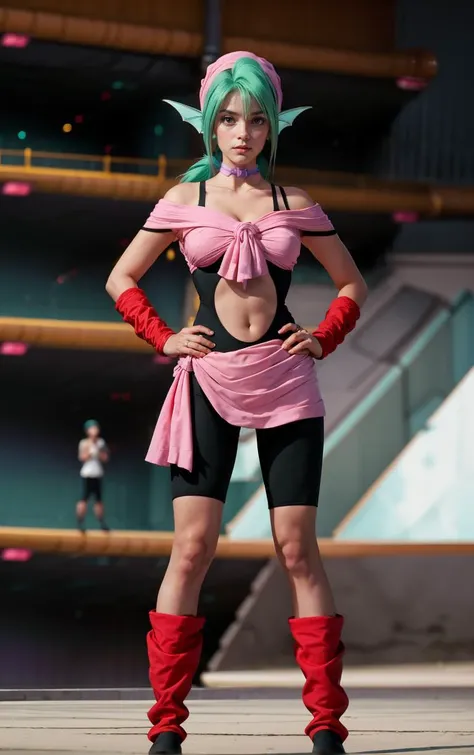Bra (Bulla) Dragon Ball, cabelos agua, olhos agua, batom rosa, red tiara on the head, vestimenta saiyajin branca com detalhes amarelos, ombreiras amarelas, botas brancas e ponta amarelas, gesto de vitoria, rosto lindo, caregando ki, mulher saiyajin com roupas do vegeta de dragon ball z, visor de saiyajin no olho esquerdo de cor verde, blue pants, luvas brancas