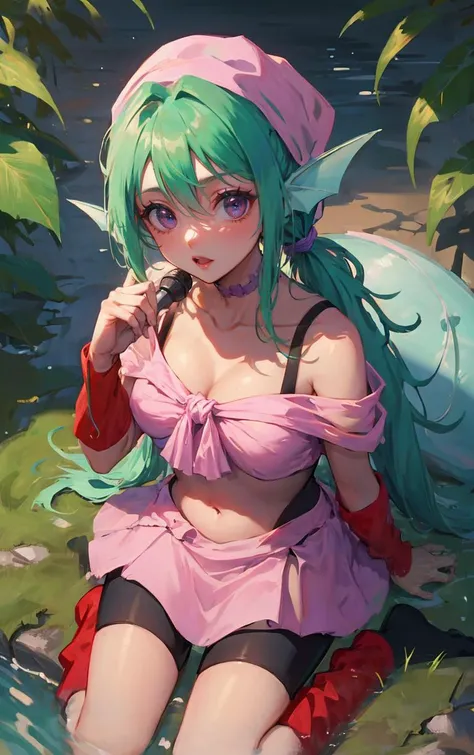 3DMM Style, (masutepiece, Best Quality), Intricate details, 1girl in, Solo, Green hair, flower hair clip, ｛Full body shot｝、Green dress、a short skirt、Angle from below、 Looking at Viewer,｛{{Lift the skirt yourself}}｝、{{{white  panties}}｝、pretty Panties、{{Panties exposed}}、{{ｵﾏﾝｺThe shape of the shape is clear}}、{{palpableｵﾏﾝｺ}}、{{{All pants are see-through}}}、{{{The panties are very see-through}}}、{{The panties are digging into the crotch}}、{{Pubic hair grows}}、Manhair、{{{{Pubic hair through panties}}}}、{{{{Green pubic hair}}}}