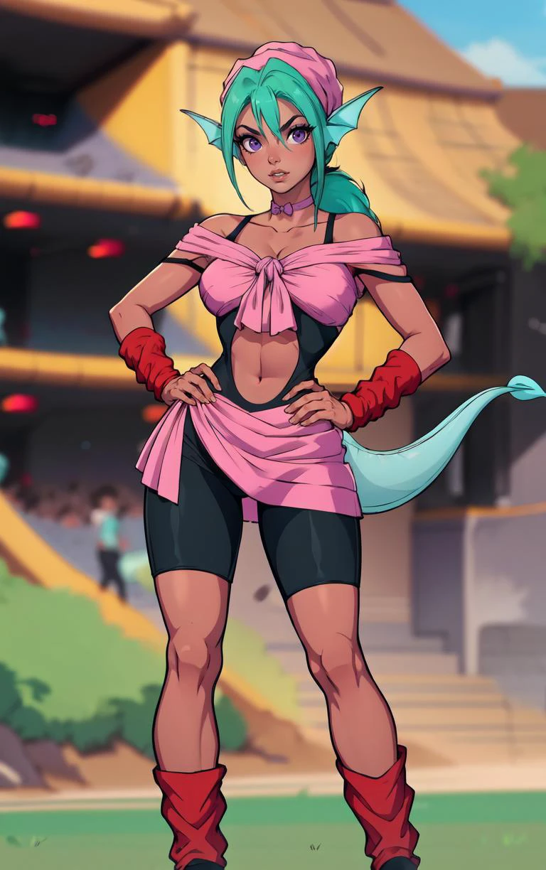((masterpiece, best quality)), insaneres, absurdres, solo, looking at viewer,
MainOutfit_Juri_ownwaifu,
1girl, fish girl, green hair, green lips, head fins, ribbon choker, dark skin, dark-skinned female, bandana, long hair, makeup, purple eyes, lipstick, ponytail, collarbone, eyeshadow, hair between eyes, purple choker, medium breasts, bangs, fish tail, aqua hair, eyelashes,
bodysuit, navel cutout, arm warmers, clothing cutout, midriff, bare shoulders, choker, bike shorts, monster girl, leg warmers, navel, off shoulder, cleavage, loose socks, black dress, purple bow, black bodysuit, crop top, wristband, center opening, pink shirt, sash, pink skirt, skin tight,
(contrapposto, hand on hip)<lora:ANIME_YuYuHakusho_Juri_ownwaifu:1>,
depth of field, vanishing point, garden,