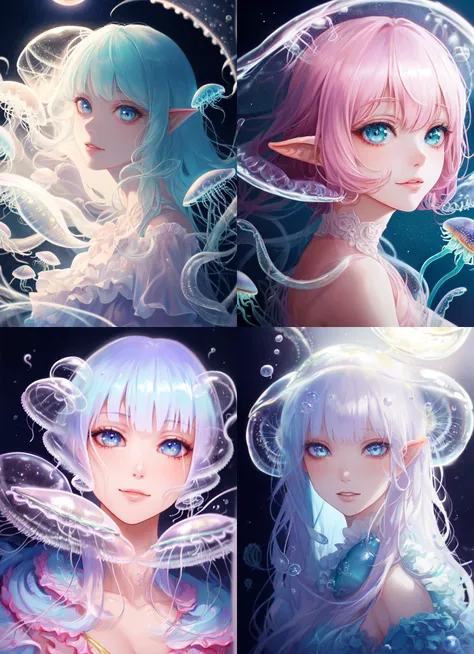 skindentation, 8k, portrait, (beautiful) lady, intricate, elegant, highly detailed, (jellyfish girl, monster girl), greg rutkowski, sexy, (bokeh), deep eyes, (limited pallet: pastel colors), vivid colors, in water, [plump], smug, aroused, seductive, ethereal, (moonlight), kawaii-colors, brilliant eyes,