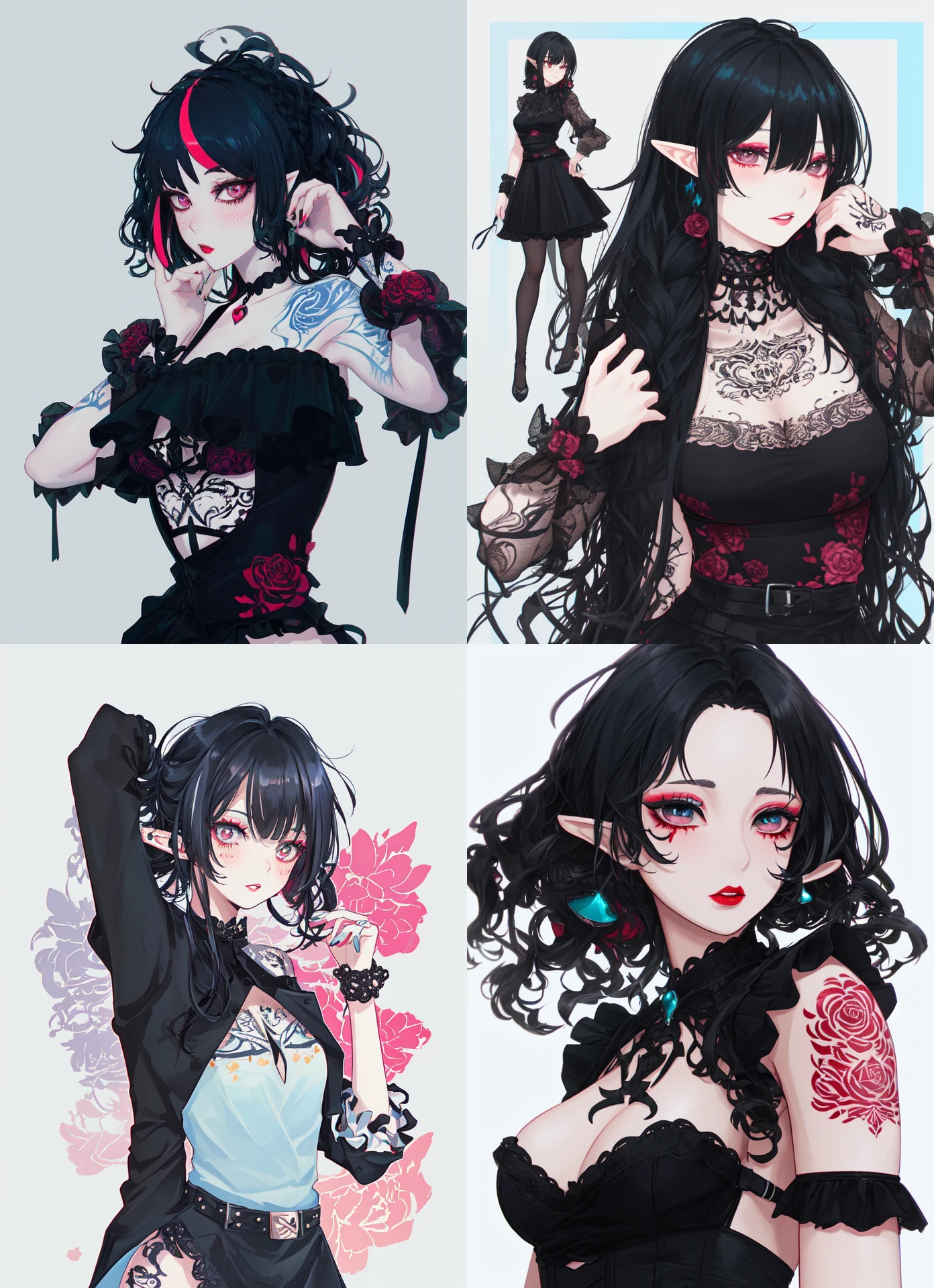 a [goth |barbarous |mysterious] [mature |young] gothic female with [curvy |thick |tone |curvy |thick |muscle] figure wearing [goth clothes | western clothes |intricate clothes |corset |loose sleeves] mix [dress |frill dress |indicate dress |belt |frill |cotton dress |short dress] and [lustful eye |creepy eyes |beautiful eye] red iris mix [lush lips | perky lips] and with white and black hair mix with light blue streaked hair, long hair [ hair over eye |braid | wavy hair] mix [messy hair |curly hair |messy hair] and [pointy ear |elf ears |long ears] and [star print |flower print] on clothes and wearing [make up |scaly | jewelry] , intricate tattoos, ((asymmetrical pose)), make up, blush, chromatic aberration, illustration,