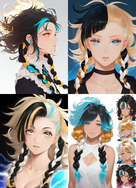 solo, (((best quality))), ((ultra-detailed)), ((illustration)), (an extremely delicate and beautiful), ((((a young female powering up with glowing hair and glowing skin and lightning shooting from her body engrossed in a powerful aura around her figure, glowing outline, volumetric and (bloom:0.3), ))))
, (golden hair:1.2) and l(ight-blue hair:1.0) | (white hair:0.85) and black hair, ((two-tone hair and two-tone hair:1.5)), gradient hair, inner hair color, (asymmetrical bangs:1.0), ((single side braids:1.0)) mix medium bangs, (long hair:0.5), (messy hair:1.5), (twin braids:1.0), hair bobbles, side braid, hair over one breast, (curly hair:1.0),