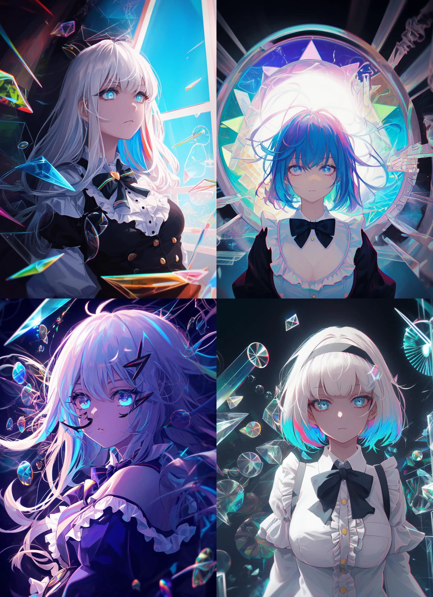 ((illustration)), ((floating hair)), ((chromatic aberration)), ((caustic)), lens flare,
dynamic angle, ((portrait)), (1 girl), ((solo)), cute face, ((hidden hands)),
asymmetrical bangs, (beautiful detailed eyes), eye shadow, ((huge clocks)),
((glass strips)), (floating glass fragments), ((colorful refraction)), (beautiful
detailed sky), ((dark intense shadows)), ((cinematic lighting)), ((overexposure)),
(expressionless), blank stare, big top sleeves, ((frills)), hair_ornament, ribbons,
bowties, buttons, (((small breast))), pleated skirt, ((sharp focus)),
(((best quality))), ((extremely detailed)), colorful, hdr