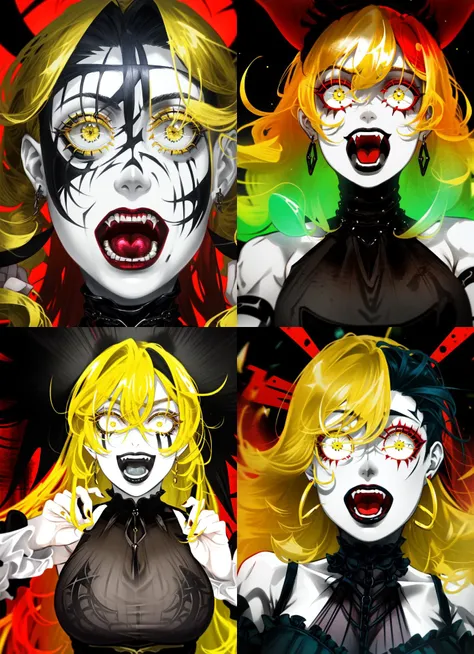 solo, a mature female styled in a gothic outfit and dark make up and pale skin, long hair, [messy|curly|wavy] hair,  [yellow hair |red hair and black hair |blue hair] and ((two-tone hair)), [face |eye] detail, 
crazy face,
[small|constricted|slit] pupils, [crazy|beautiful|crazy|crazy] eyes,
[horrified|scared|angry|upset|mad|frustrated], 
[crazy smile|shocked|yandere|evil smile], 
(full length upper body:1.5), 
 <lora:crazyExpressions_:1.0>,  <lora:eyeLora_v10:0.55>,  <lora:eyecloseAVersion_v10:0.35>