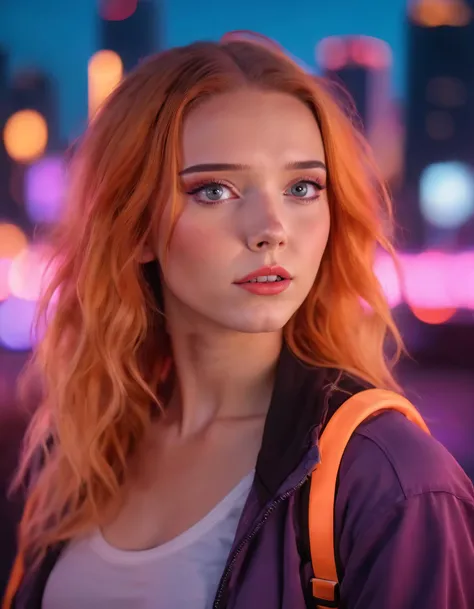 Best quality, cinematic photo centered waist up portrait, a young woman with fiery blond hair. Her face fills the frame, bathed in neon hues, exuding determination and mystery amidst a futuristic backdrop, 35mm photograph, film, bokeh, professional, 4k, highly detailed. Lydiaviolet, a fiery-haired young woman with determination and mystery, poses for an award-winning, cinematic portrait that captures every detail in her face as the last rays of a neon sunset bathe her in hues of warmth, while she stands amidst the futuristic backdrop of a city skyline, the bokeh background creating depth and blurring the edges, making it all the more memorable on 4K screens. lydiaviolet <lora:kllzzx18e05d4802fg40a:1>