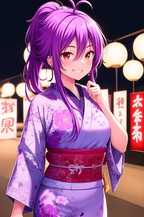 (masterpiece, best quality), highly detailed background, perfect lightingbest quality, shinonomerei, solo, outdoors, night, summer festival, purple hair, ponytail, antenna hair, hair between eyes, long hair, messy hair, red eyes, ear piercing, small breasts, purple kimono, floral print, japanese clothes, smile, grin, pink lips, <lora:Shinonome-Rei:0.7>