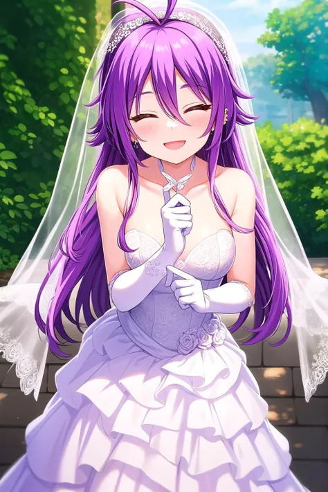 (masterpiece, best quality), highly detailed background, perfect lightingbest quality, shinonomerei, solo, outdoors, bridal veil, purple hair, antenna hair, hair between eyes, wavy hair, long hair, closed eyes, ear piercing, medium breasts, wedding dress, white dress, white gloves, frilled skirt, smile, open mouth, ^o^, pink lips, <lora:Shinonome-Rei:0.7>